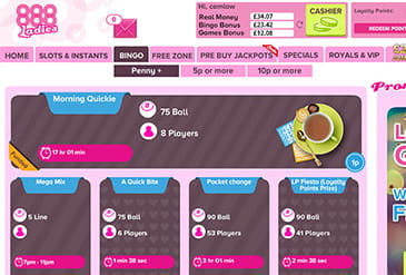 View of the Desktop Version of 888 Ladies Bingo