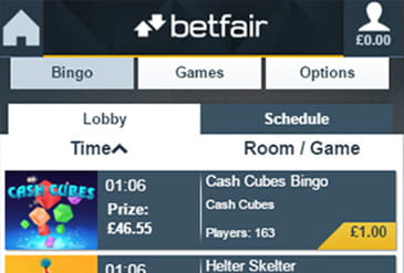 Mobile screen of the Betfair bingo rooms