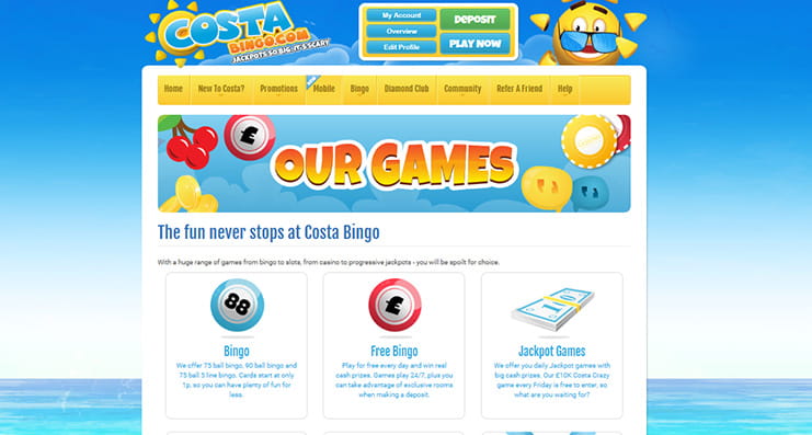 Huge selection of free and funded bingo games on Costa