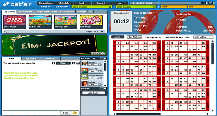 The cosy bingo lobby with options on Betfair