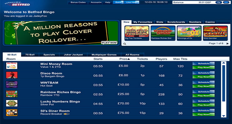 The bingo rooms available on Betfred