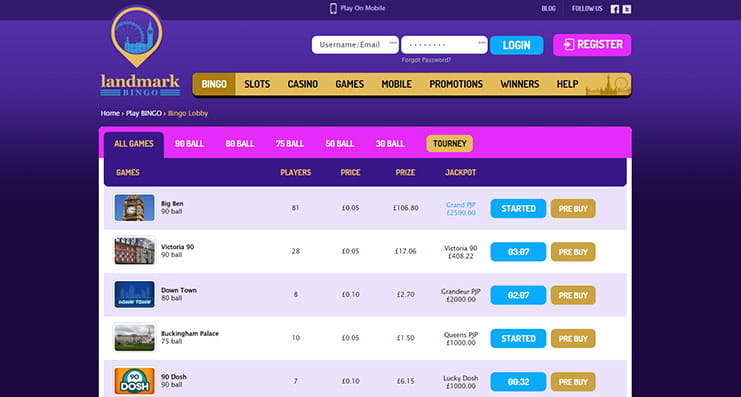 Bingo rooms list on Landmark