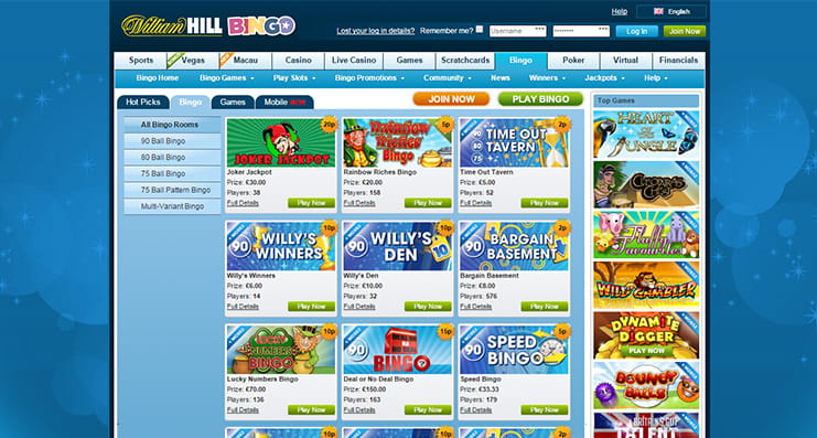 A fair selection of bingo rooms on William Hill