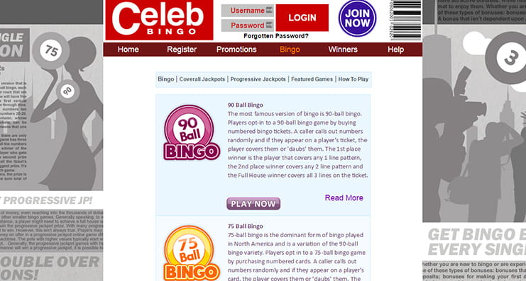 Standard and themed bingo variants on Celeb