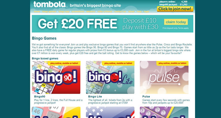 Bingo options to pick from on Tombola