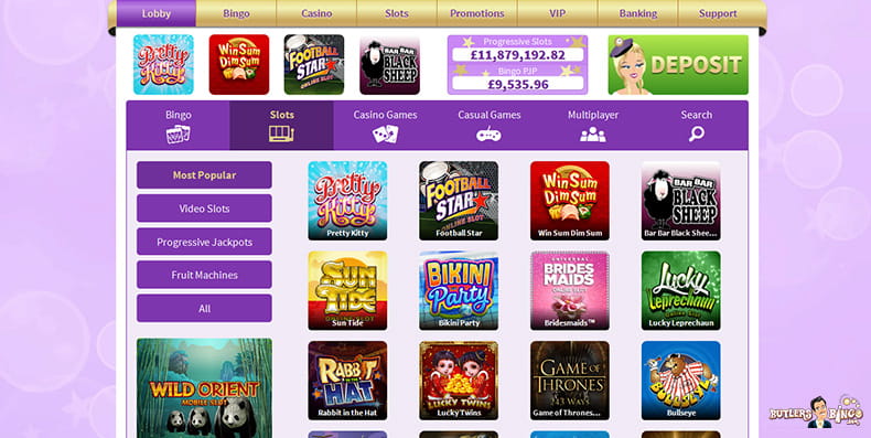 Excellent slots and casino titles are offered at Butlers