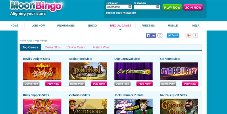 Many games to play on the Moon Bingo website