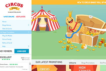 The desktop version of Circus Bingo with huge promos