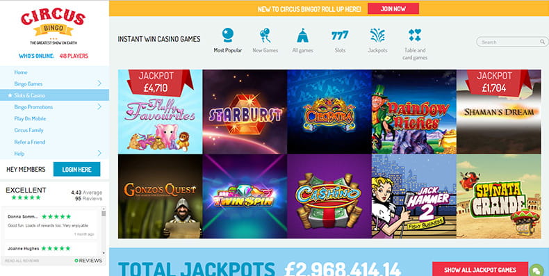 Slots, casino and many more games on Circus Bingo