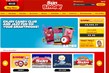 How Sun Bingo's home page looks from a mobile device